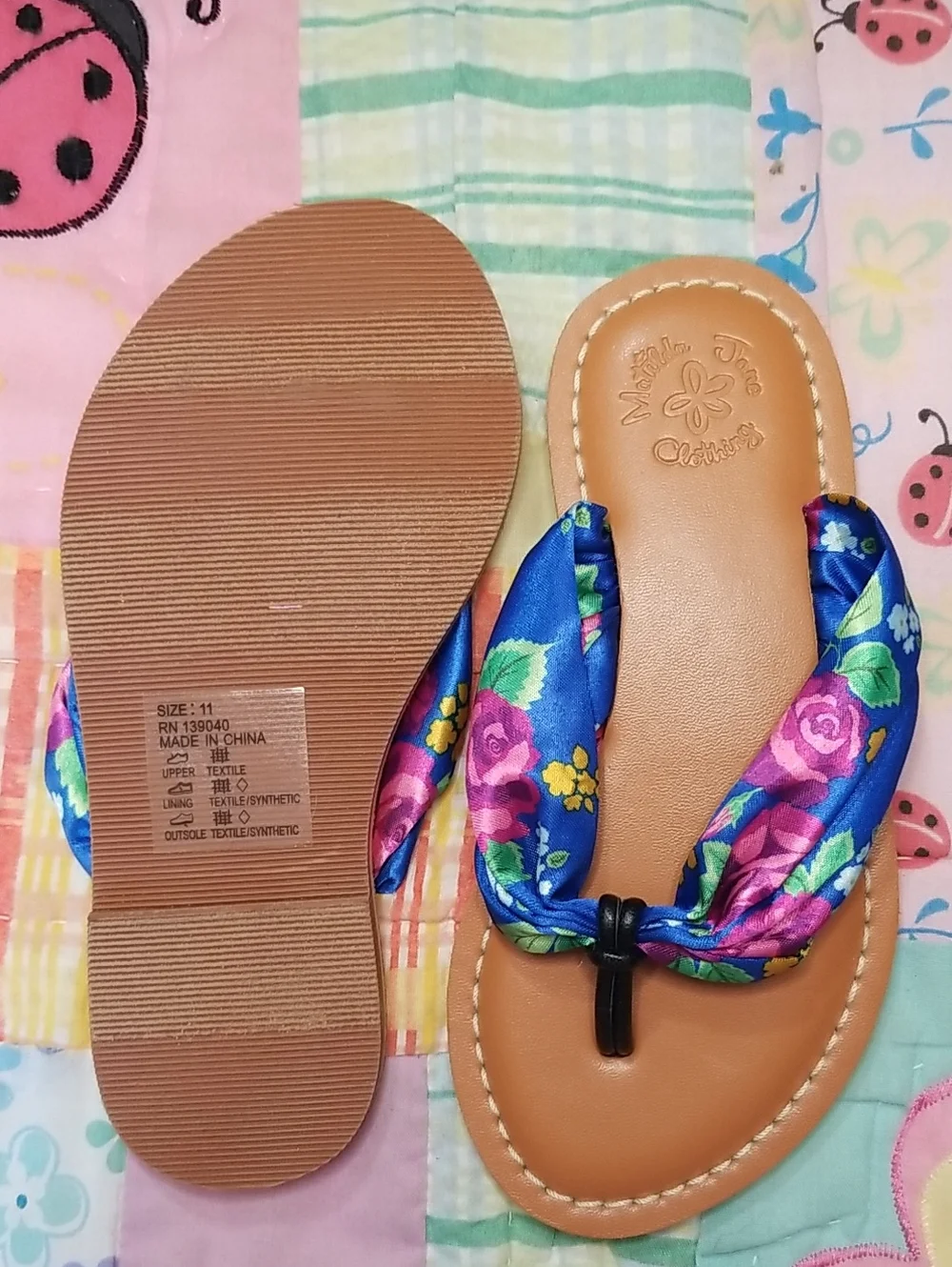 Matilda Jane Blue Floral Scarf Sandals with Tan Footbed Size 11